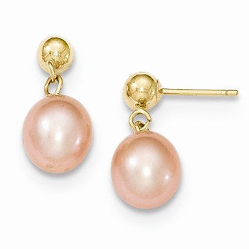 14k Yellow Gold 7-7.5mm Pink Freshwater Cultured Pearl Dangle Earrings