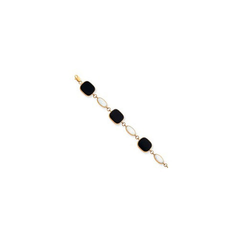 14K Yellow Gold Polished Genuine Fancy Onyx & Created Opal Bracelet