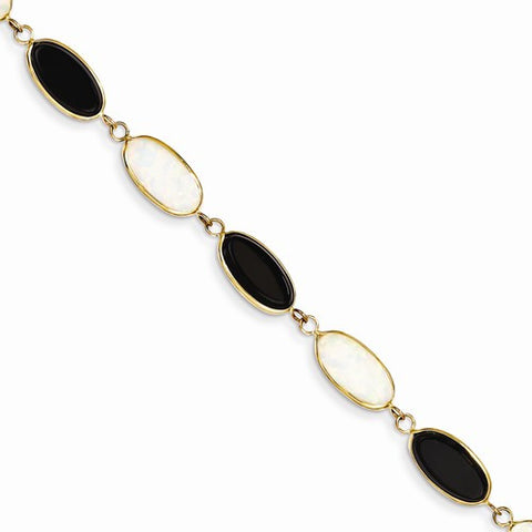 14K Yellow Gold Polished Genuine Fancy Onyx & Imitation Opal Bracelet