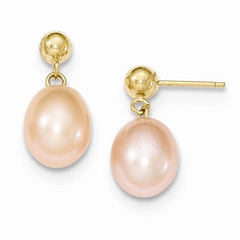 14k Yellow Gold 8-8.5mm Pink Freshwater Cultured Pearl Dangle Earrings