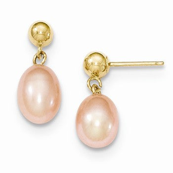 14k Yellow Gold 6-6.5mm Pink Freshwater Cultured Pearl Dangle Earrings