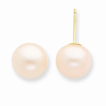 14k Yellow Gold 9-9.5mm Pink Freshwater Cultured Button Pearl Stud Earrings