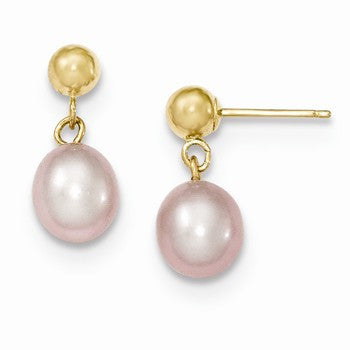 14k Yellow Gold 6-6.5mm Purple Freshwater Cultured Pearl Dangle Earrings