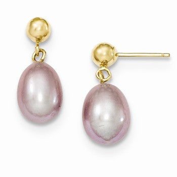 14k Yellow Gold 7-7.5mm Purple Freshwater Cultured Pearl Dangle Earrings