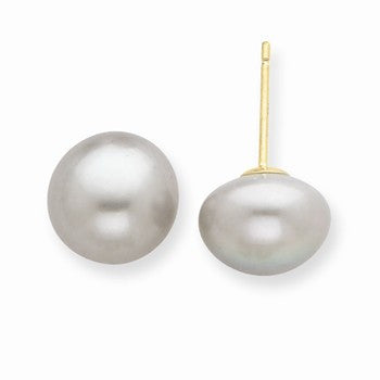 14k Yellow Gold 9-9.5mm Grey Freshwater Cultured Button Pearl Stud Earrings