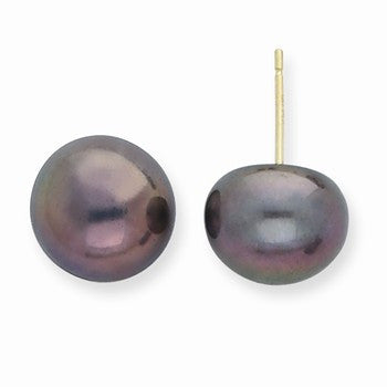 14k Yellow Gold 10-10.5mm Black Freshwater CulturedButton Pearl Stud Earrings