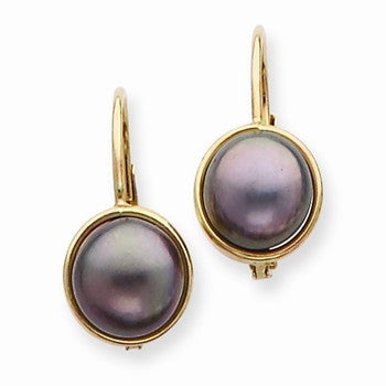 14k Yellow Gold 6.5-7mm Black Freshwater CulturedButton Pearl Leverback Earrings