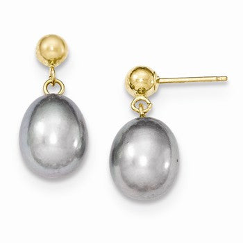 14k Yellow Gold 8-8.5mm Grey Freshwater Cultured Pearl Dangle Earrings