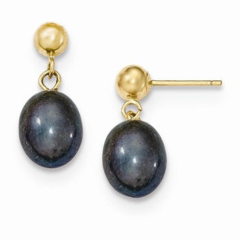 14k Yellow Gold 7-7.5mm Black Freshwater Cultured Pearl Dangle Earrings