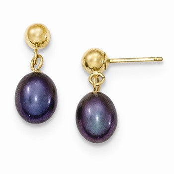 14k Yellow Gold 6-6.5mm Black Freshwater Cultured Pearl Dangle Earrings