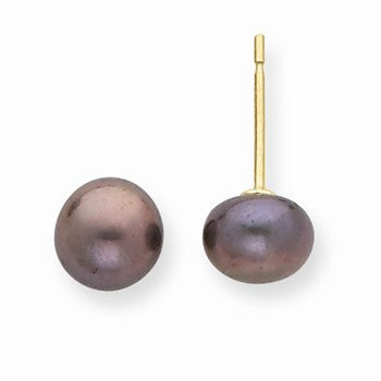 14k Yellow Gold 6-6.5mm Black Freshwater Cultured Button Pearl Stud Earrings