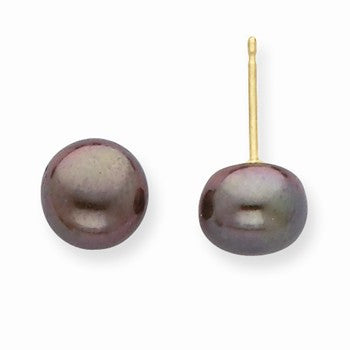 14k Yellow Gold 7-7.5mm Black Freshwater Cultured Button Pearl Stud Earrings