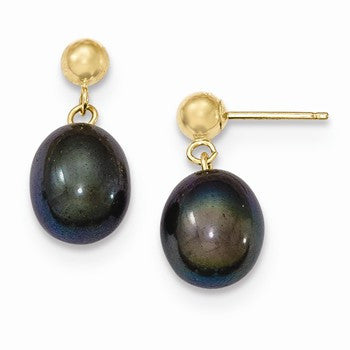 14k Yellow Gold 8-8.5mm Black Freshwater Cultured Pearl Dangle Earrings