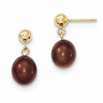 14k Yellow Gold 7-7.5mm Brown Freshwater Cultured Pearl Dangle Earrings