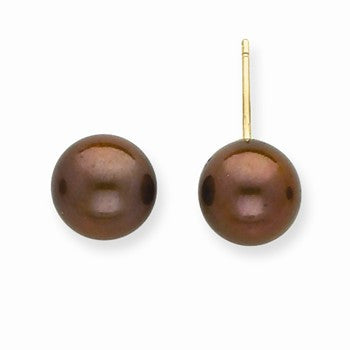 14k Yellow Gold 8-8.5mm Coffee Brown Freshwater Cultured Pearl Stud Earrings