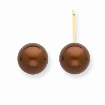 14k Yellow Gold 7-7.5mm Coffee Brown Freshwater Cultured Pearl Stud Earrings