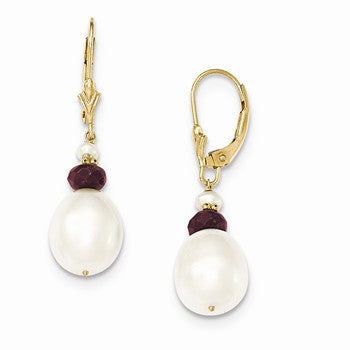 14k Yellow Gold Fresh Water Cultured Pearl with Faceted Garnet Leverback Earrings