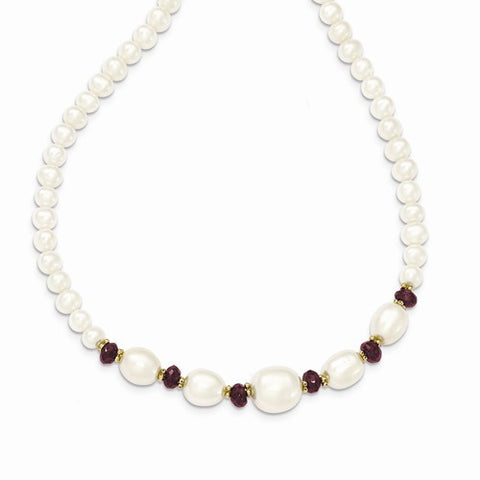 14K Yellow Gold Fresh Water Cultured Pearl and Faceted Garnet Bead Necklace