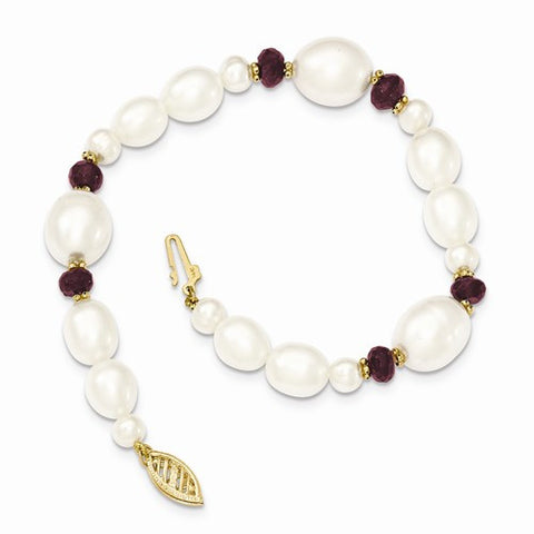 14K Yellow Gold Fresh Water Cultured Pearl and Faceted Garnet Bead Bracelet