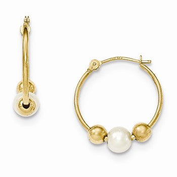 14k Yellow Gold Polished Hoop with Freshwater Cultured Pearl Earring, Jewelry Earrings