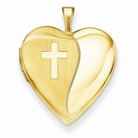 14k Gold 20mm Polished Satin w/ Cross Heart Locket