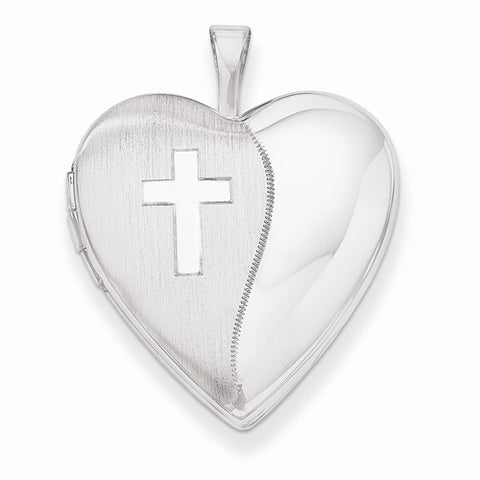 14k Gold 20mm White Gold Polished Satin w/ Cross Heart Locket