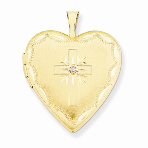 14k Gold 20mm Diamond Set Cross Heart Locket