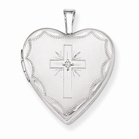 14k Gold 20mm White Gold Diamond Set Cross Heart Locket