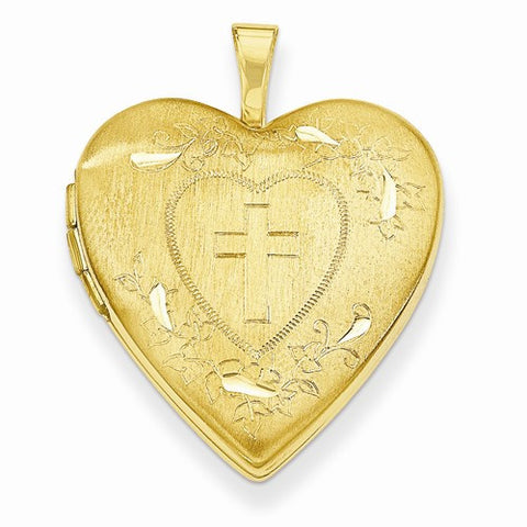 14k Gold 20mm Cross w/ Diamond Cut Heart Locket