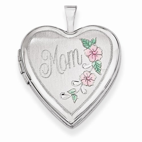 14k Gold 20mm White Gold Enamel Flowers Mom Heart Locket