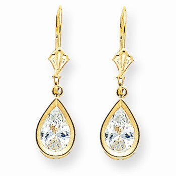 14k Yellow Gold 9x6mm Pear Cubic Zirconia Leverback Earrings