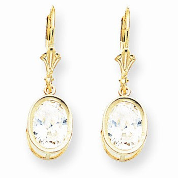 14k Yellow Gold 9x7mm Oval Cubic Zirconia Leverback Earrings