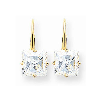 14k Yellow Gold 7mm Princess Cut Cubic Zirconia Leverback Earrings