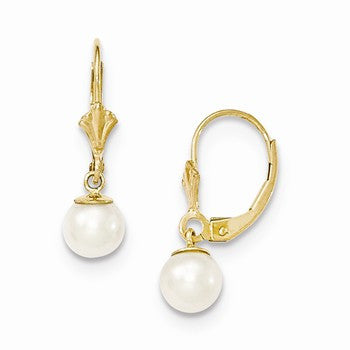 14k Yellow Gold 6mm Pearl Leverback Earrings