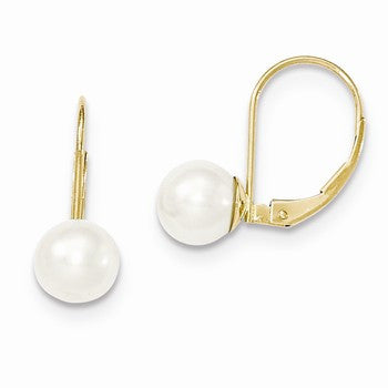 14k Yellow Gold 7mm Pearl Leverback Earrings