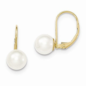 14k Yellow Gold 8mm Pearl Leverback Earrings