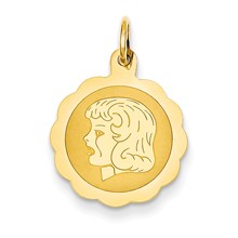 14k Gold Girl Head on .013 Gauge Engravable Scalloped Disc Charm hide-image