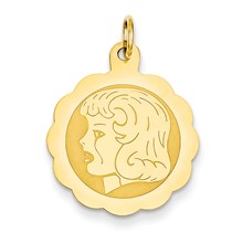 14k Gold Girl Head on .013 Gauge Engravable Scalloped Disc Charm hide-image