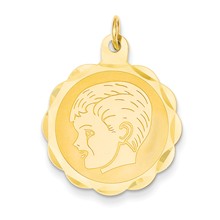 14k Gold Boy Head on .011 Gauge Engravable Scalloped Disc Charm hide-image