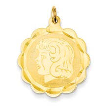 14k Gold Girl Head on .011 Gauge Engravable Scalloped Disc Charm hide-image