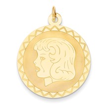 14k Gold Girl Head on .018 Gauge Engravable Scalloped Disc Charm hide-image