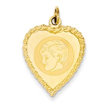 14k Gold Boy Head on .011 Gauge Engravable Pattern Heart with Rope Charm hide-image