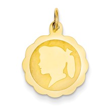 14k Gold Girl Head on .018 Gauge Engravable Scalloped Disc Charm hide-image