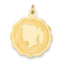 14k Gold Girl Head on .011 Gauge Engravable Scalloped Disc Charm hide-image