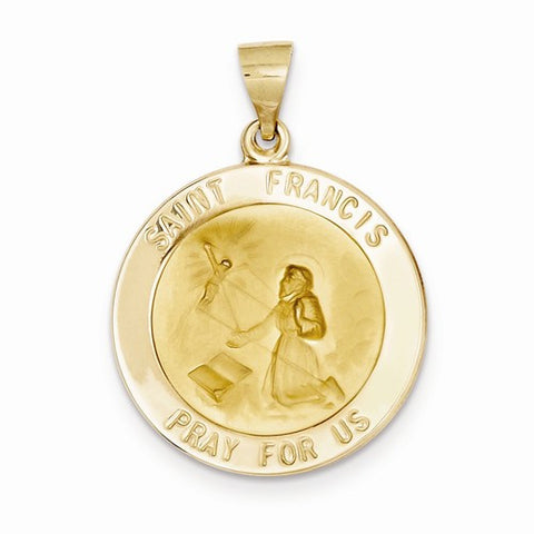 14k Gold Polished and Satin St. Francis Medal pendant, Classy Pendants for Necklace