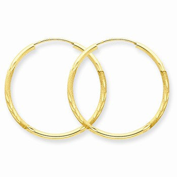 14k Yellow Gold 1.5mm Satin Diamond-cut Endless Hoop Earrings