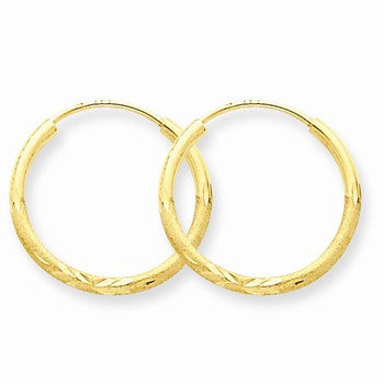 14k Yellow Gold 1.5mm Satin Diamond-cut Endless Hoop Earrings