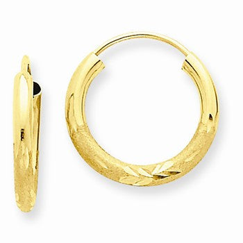 14k Yellow Gold 2mm Satin Diamond-cut Endless Hoop Earrings