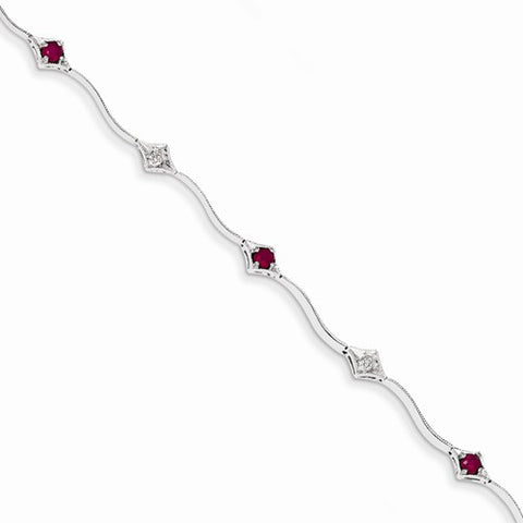 14K White Gold Diamond and African Ruby Gemstone Bracelet