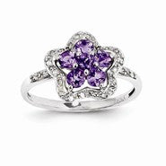 14k White Gold Diamond and Amethyst Flower Ring